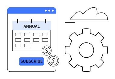 Abone düğmesi ve para birimi simgeleri ile yıllık takvim arayüzü, yapılandırmayı temsil eden dişli sembolü ve bir bulut. Finans, abonelik hizmetleri, SaaS, bulut teknolojisi, ödeme için ideal