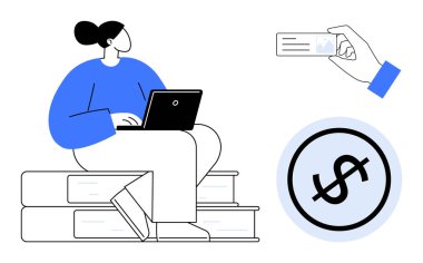 Kitapların üzerinde otururken dizüstü bilgisayar kullanan, kart tutan ve dolar işareti simgesi olan biri. Elektronik öğrenim, finans, öz eğitim, tasarruf ve dijital araçları uzaktan kontrol etmek için idealdir. Düz basit