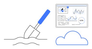 Kürek kazma alanı, bulut çizgisi, çizelge ve grafiklerle birlikte analitik torpido gözü. Veri analizi, madencilik, bulut hesaplama, dijital dönüşüm, araştırma, yenilik ve verimlilik için ideal