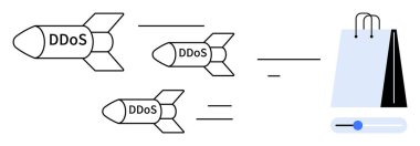 Roketler DDoS 'un alışveriş çantasına doğru koştuğunu gösteriyor, siber saldırıları sembolize ederek ekomünikasyon sistemlerini bozuyor. Siber güvenlik, çevrimiçi tehditler, dijital ticaret sorunları, veri koruması, bilişim için ideal
