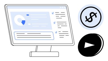Bilgisayar ekranında analitik gösterge paneli, kontrol listesi, dolar simgesi ve çalma düğmesi var. Finans, analitik, strateji, verimlilik projesi yönetimi dijital öğrenme pazarlaması için idealdir. Düz