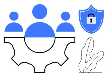 Ekip çalışmasını sembolize eden üç mavi figür. Kilitli kalkan siber güvenliği temsil ediyor. Minimalist bitki denge sağlar. İş için ideal, takım çalışması, güvenlik, teknoloji, yönetim