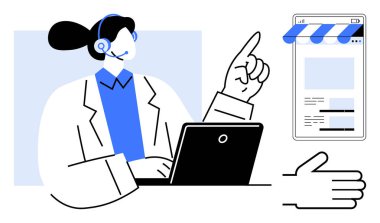 Müşteri hizmetleri çalışanı, bir dizüstü bilgisayar kullanırken internetteki bir arayüzü işaret eden kulaklık takıyor. E-ticaret, çevrimiçi alışveriş, müşteri desteği, iletişim, dijital etkileşim için ideal