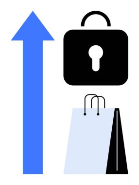 Mavi yukarı ok, siyah kilit ve alışveriş çantası büyüme, güvenlik ve perakende temaları yakalar. E-ticaret, siber güvenlik, perakende büyümesi, güvenli ödemeler çevrimiçi iş tüketicisi güven verileri için ideal