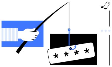 Elde tutulan olta kancaları şifre kutusu. Sahteciliği, dijital tuzakları temsil ediyor. Siber güvenlik, hackleme, çevrimiçi dolandırıcılık, dijital okuryazarlık, risk farkındalığı veri güvenliği için idealdir. Düz basit metafor