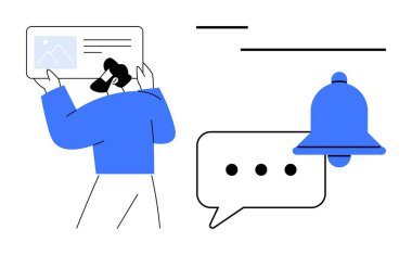 Konuşma balonunun yanında üç nokta ve bir uyarı zili olan görsel içerik kartı tutan kişi. İletişim, takım çalışması, yaratıcı süreç, mesajlaşma, hatırlatma, işbirliği, alarm için ideal