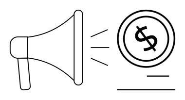 Bir dolara doğru ses dalgaları yayan megafon, finansal iletişim ya da promosyon öneriyor. Pazarlama, reklam, finans, büyüme, yatırım, strateji promosyonu için ideal. Basit düz