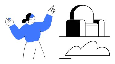 Kendine güveni tam bir kadın, cesur bir pozla yukarı bakıyor. Sandalye ve bulutun minimalist temsilleriyle eşleştirilmiş. Yaratıcılık için ideal, iç tasarım, basitlik, modern sanat, soyut düşünce