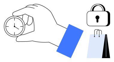 Elinde bir saat var, asma kilit ve alışveriş torbalarıyla bitişik. Zaman yönetimi, güvenlik, e-ticaret, verimlilik, perakende, planlama dengesi için ideal. Düz basit metafor