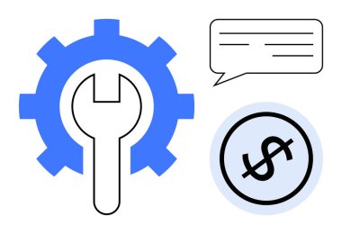 Vites ve anahtar araçları ya da ayarları sembolize eder, iletişim için konuşma balonu, finans için dolar işareti. Organizasyon, bütçe, problem çözme, iş, teknoloji ve işbirliği için ideal