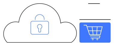 Kilitli bulut güvenli depoyu temsil ediyor. Alışveriş arabasıyla eşleştirilmiş. E-ticaret, siber güvenlik, bulut hesaplama, çevrimiçi alışveriş, dijital güvenlik, mahremiyet, düz metafor için ideal
