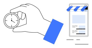 Tente aksanlı web sitesi düzeninin yanında elle kavrama saati. İş zamanı için ideal, çevrimiçi iş kurma, üretkenlik, e-ticaret, iş hayatı dengesi, verimlilik, düz basit metafor