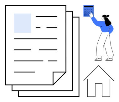 Mali planlamayı temsil eden katmanlı belge ve ev taslağının yanında hesap makinesi kullanan bir kadın. İpotek, yatırım, bütçe, muhasebe, emlak yönetimi, gayrimenkul