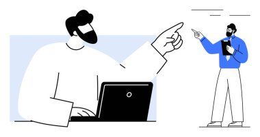 Bilgisayardaki adam tablet tutarken meslektaşıyla iletişim kuruyor. Takım çalışması, iletişim, liderlik, uzaktan çalışma, kurumsal eğitim, beyin fırtınası, geri bildirim için ideal. Düz basit metafor