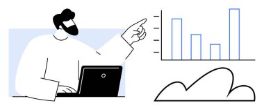Dizüstü bilgisayardaki kişi yukarı doğru büyüyen grafiğe işaret ederek bulut depolama, analiz ve ilerlemeyi vurguluyor. İş, teknoloji, başarı, veri görselleştirme, bulut hesaplama stratejisi için ideal