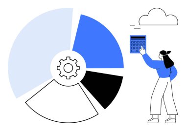 Kadın, hesap makinesi, dişli ikonu içeren pasta grafiği ve veri analizi, bulut hesaplaması ya da dijital çözümler öneren bir bulut şekli ile etkileşimde. Analiz, veri işleme ve finans için ideal