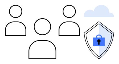 Üç kullanıcı simgesi içinde kilit ve arkasında bulut olan bir kalkanla karşı karşıya. Siber güvenlik, veri koruması, bulut bilgisayarı, kullanıcı gizliliği, çevrimiçi güvenlik, güvenli erişim, dijital kimlik için ideal