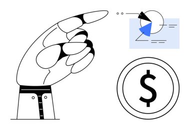Analitik veri tablosuna bölüm ve dolar sembolü, mali planlamayı, ekonomik kararları, iş stratejisini, analitiği, yatırımları, pazarlamayı, düz ve basit metaforu temsil eden el işareti