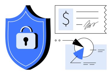 Kilit sembollü kalkan güvenliği vurgular, finansal grafikler analizi temsil eder, imzalı fiş işlemleri belirtir. Siber güvenlik, finans, veri koruması, teknoloji, analiz için ideal
