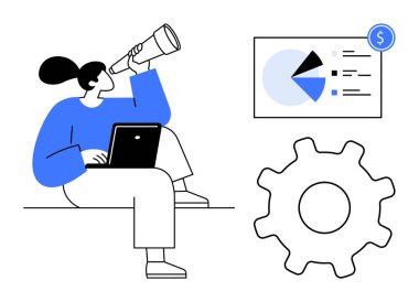 Teleskop kullanan bir kadın, iş verilerini gösteren çizelge, sistemi temsil eden ekipmanlar. Ticari büyüme, strateji, analitik, çözüm optimizasyonu, başarı planlaması, fırsat araması için ideal