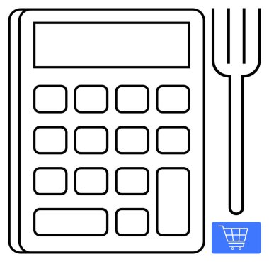 Küçük bir alışveriş arabası ikonu olan çatalın yanındaki hesap makinesi, maliyet etkin yemek bütçesini ve planlamayı temsil ediyor. Finans, market yönetimi, yemek hazırlığı, tasarruf, bütçe ve tutumluluk için ideal