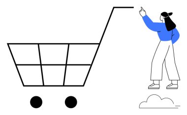 E-ticareti, alım-satımı ve tüketici alışkanlıklarını temsil eden büyük boy bir alışveriş arabasına el kol hareketi yapan bir kadın. Perakende, pazarlama, çevrimiçi alışveriş, iş, analitik ve reklam için ideal