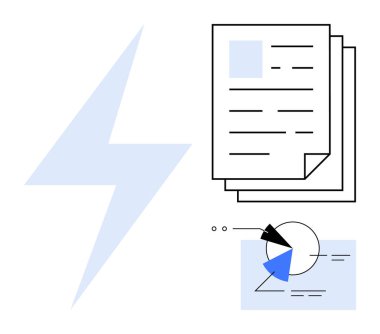 Dökümanların yanında yıldırım çarpması ve turta dilimleriyle birlikte veri tabloları. Enerji, hız, verimlilik, içgörü, analitik, veri görselleştirme, dijital iş akışı için idealdir. Düz basit metafor
