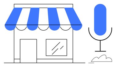 Çizgili tenteli küçük bir dükkan ve hatlarla birbirine bağlı büyük bir mikrofon ikonu. Yerel işletmeler için ideal, sesli arama, dijital pazarlama, çevrimiçi alışveriş, podcastlar, bağlantı, yenilik. Düz