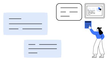 Ekrandaki grafikleri hesap makinesiyle analiz eden kadın, yanında da büyük konuşma baloncukları. Takım çalışması, sunum, finans, iletişim, planlama, analitik düşünce, düz metafor için ideal