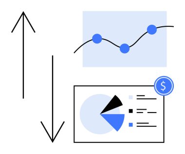 Noktalı çizgi grafiği, pasta grafiği, yukarı aşağı oklar ve para birimi sembolü. Ticari büyüme, mali analiz, piyasa eğilimleri, strateji, istatistikler düz bir metafor rapor etmek için ideal