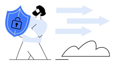 Bulutun yanında yaklaşan okları engelleyen bir kilit ile korunan biri var. Siber güvenlik, gizlilik, veri koruması, internet güvenliği, şifreleme, çevrimiçi tehditler, güvenli depo için ideal. Düz