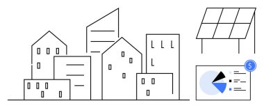Kentsel ortam, güneş paneli ve pasta grafiği analizlerindeki binalar yenilenebilir enerji benimsenmesini, yeşil teknoloji yeniliklerini ve ekolojik stratejileri destekliyor. Sürdürülebilirlik ve enerji verimliliği için ideal