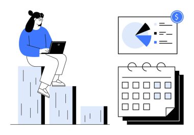 Diz üstü bilgisayarlı, veri tablosu ve takvimin yanındaki kadın. Finans, planlama, strateji, analitik, organizasyon, zaman yönetimi iş büyümesi için ideal. Düz basit metafor
