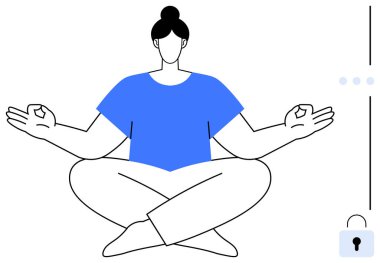 Oturmuş meditasyon yapan sakin bir kadın el mudraması yaratıyor, iç huzuruna odaklanıyor. Farkındalık, stres atma, denge, sakinlik, meditasyon, güvenlik akıl sağlığı için idealdir. Düz basit