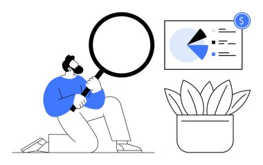 Büyüteçle diz çöküp pasta grafiğini analiz eden bir adam. Araştırma, analiz, finans, büyüme, başarı, strateji veri içgörüleri için ideal. Düz basit metafor