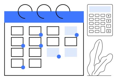 Noktalar, hesap makinesi, planlama veya bütçe hesaplaması ve minimalist bitki dekoru kullanılarak vurgulanmış tarihlerle takvim. Zamanlama, organizasyon, bütçe, üretkenlik, planlama, zaman yönetimi için ideal
