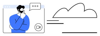 Diyalog baloncuğu ve bulut çizgisi ile arayüz denilen video arayüzündeki bir adamın minimalist tasarımı. Beyin fırtınası, uzak çalışma, yenilik, teknoloji, bulut hesaplaması, dijital iletişim için ideal