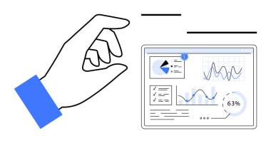 Grafikler, pasta grafikleri ve ilerleme göstergelerinin olduğu bir veri torpidosunun üzerinden el hareketleriyle. Teknoloji, analitik, iş planlaması, veri görselleştirme, üretkenlik, kullanıcı etkileşimi düzlüğü için ideal