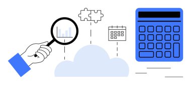 Bulut simgesi, bulmaca parçaları, takvim ve hesap makinesinin yanında büyüteç analiz çizelgesi olan bir el. Veri yönetimi, bulut hesaplama, sorun çözme, finansal planlama, iş için ideal