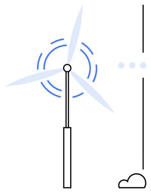Dönen bıçaklı rüzgar türbini, mavi hareket çizgileri, minimum bulut, dikey çizgi elementleri. Yenilenebilir enerji, sürdürülebilirlik, eko kavramları, temiz enerji, yeşil yenilik ortamı için ideal