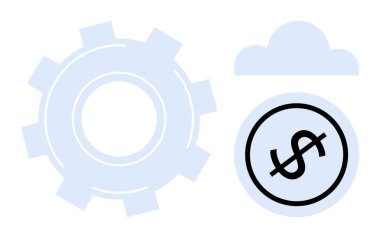 Bulut ve dolar sembolünün yanında büyük teçhizat otomasyon, bulut teknolojisi ve finansal sistemleri temsil ediyor. İş, finans, teknoloji, otomasyon, bulut hesaplama, yenilik dairesi için ideal