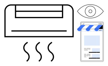 Havalandırma ünitesinin serin hava alması, akıllı telefonun e-ticaret mağazasını göstermesi ve göz sembolünün dikkat göstermesi. Konfor, teknoloji, e-ticaret, odaklanma, yaz, perakende ve kullanılabilirlik için ideal