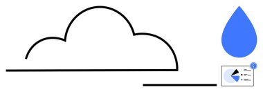 Veri analizi çizelgesi ve mavi su damlası ile bulut ana hatları yeniliği, teknolojiyi, veri depolamayı, çevresel sürdürülebilirliği, yenilenebilir kaynakları ve temiz enerji düz metaforunu sembolize eder.