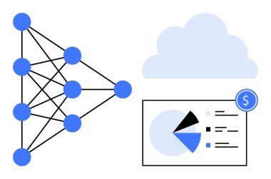 Bir yapıya, bulut simgesine ve finansal göstergelere bağlı sinirsel ağ düğümleri. Yapay zeka, bulut hesaplama, veri görselleştirme, makine öğrenme, finans, teknoloji için ideal