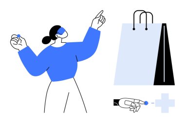 Kadın elinde bir jeton tutarak büyük bir alışveriş çantasına doğru hareketler yapıyor. Dijital etkileşim modern alışveriş, karar verme ve e-ticareti vurgular. Perakende, çevrimiçi mağaza, yenilik ve müşteri için ideal