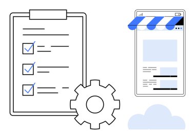 Kontrol listeli pano, vites simgesi, akıllı telefon mağaza arayüzü ve bir bulut. Organizasyon, e-ticaret, görev yönetimi, bulut depolama, sistem entegrasyonu verimliliği yeniliği için ideal