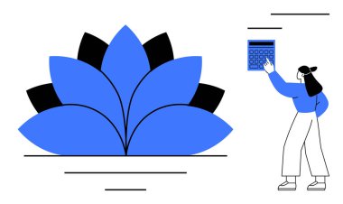 Nilüfer şekline yakın hesap makinesi tutan kadın metaforize dengeyi sağlıyor. Finans, farkındalık, kendine dikkat, planlama, verimlilik, refah ve denge için idealdir. Düz basit metafor