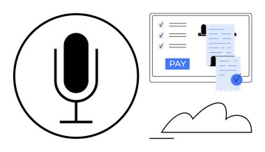 Ödeme makbuzlu bilgisayar ekranı, ses komutu için mikrofon sembolü ve bulut deposu. Çevrimiçi işlemler, ses tanıma, dijital makbuzlar, mali yönetim, bulut hizmetleri için ideal