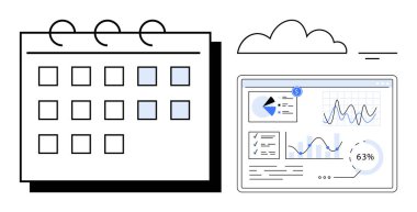 Takvim, çizelgeler, grafikler ve ilerleme ölçümleri içeren bir veri gösterge paneliyle eşleştirildi. Zamanlama, organizasyon, veri analizi, verimlilik, proje yönetimi, öngörü iş akışı için ideal