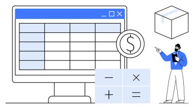 Veri tablosu olan bilgisayar ekranı, operatörlü finansal hesap makinesi, küp ve analize bakan uzman. Finans, bütçe, muhasebe, veri yönetimi ve yatırım organizasyonu için ideal